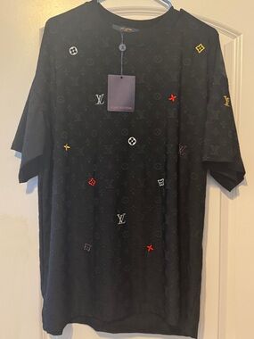 Louis Vuitton Black Monogram Tee with Multicolor Embroidered Motifs